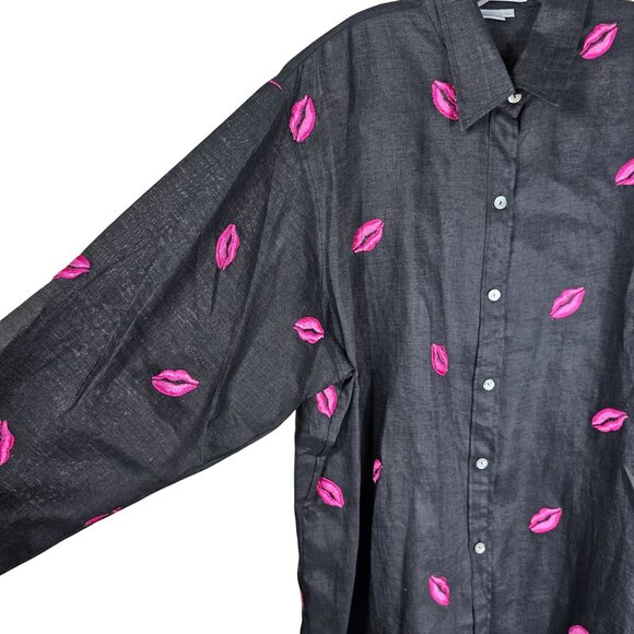 Casey Coleman Black Linen Button Up Shirt 2X Embroidered Pink Lip Artsy Eclectic - Picture 5 of 10